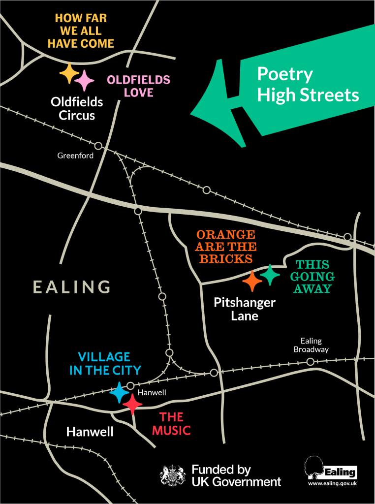 Map showing the locations of the six Poetry High Streets installations.