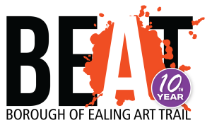 A logo with black letters reading BEAT on a white background. The A is in white on a splash of orange.