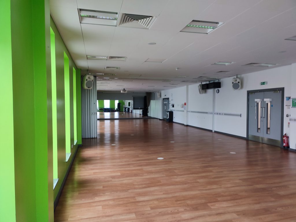 A large empty room with dark wooden floorboards, grey doors on the right, a bright green wall on the left and what looks like a mirror on the far wall