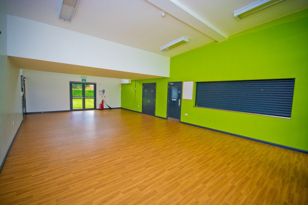 An empty room with wooden floorboards. White walls on the left and ceiling, a bright green wall on the right with dark blue doors