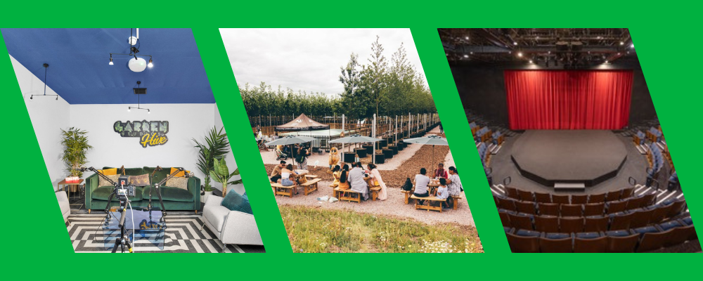 Three images in a row on a bright green background, The first shows a small empty film studio, the second an outside space with people sat at picnic benches and the third an empty theatre auditorium with large red curtains.
