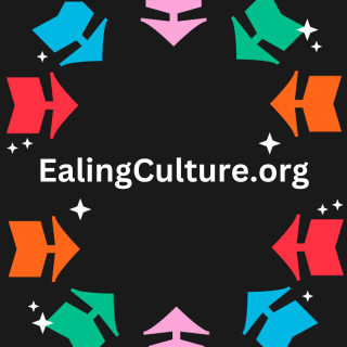 Colourful arrows point in to an illustrated image with a black background and white text in the middle reads EalingCulture.org