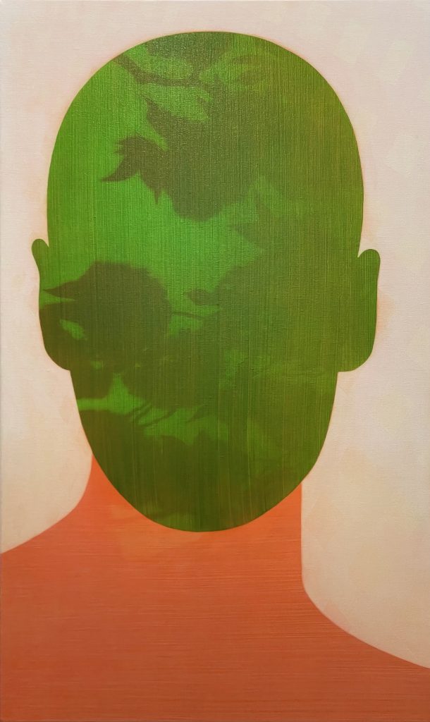 An abstract picture of a green silhouetted face with an orange neck on a cream background