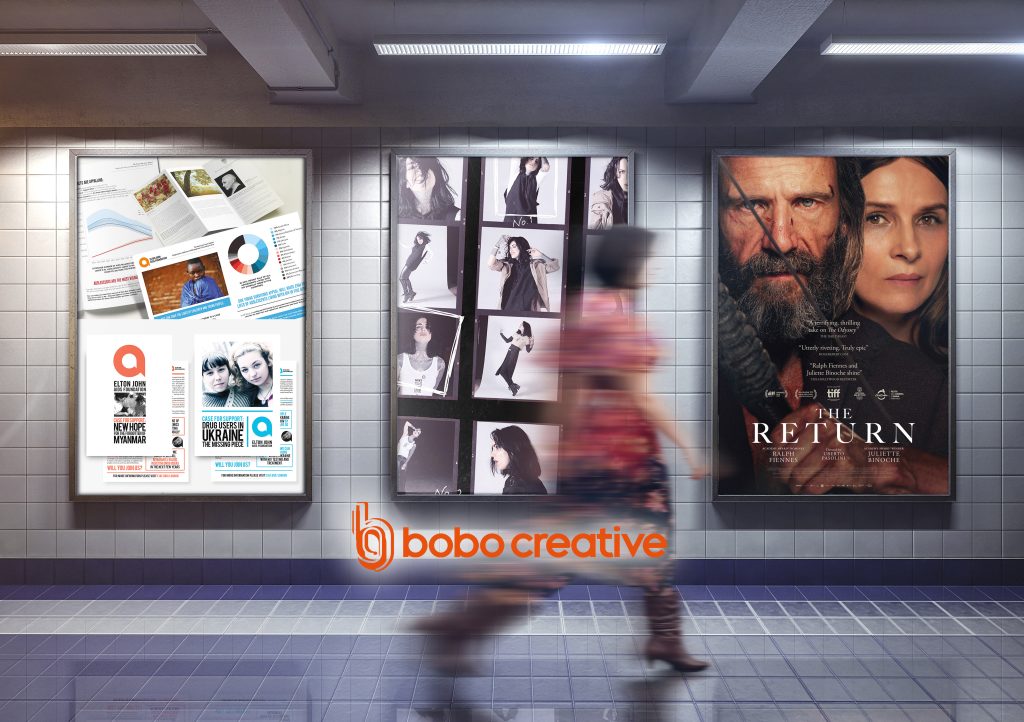 Three billboards at a train station, a blurred person walks past, orange writing reads bobo creative