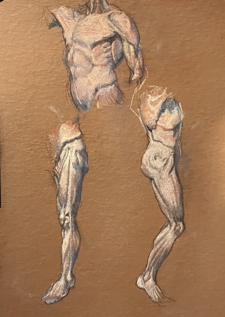 An orangey-brown artwork showing two legs and a torso appearing to be set in sand