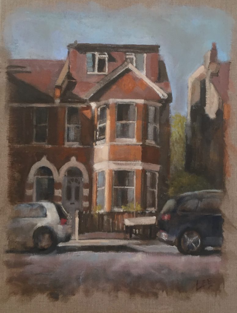 A painting of a red brick Victorian house with two cars parked outside