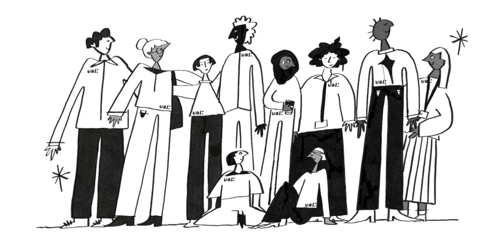 A black illustration on a white background showing 8 people standing and 2 sitting. They have different hairstyles and outfits