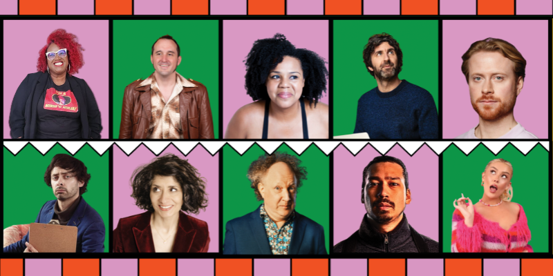 10 photos of comedians in two rows of 5. Each portrait is against either a pink or green background.