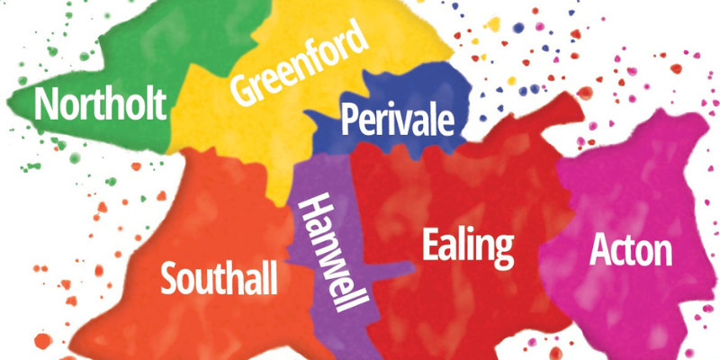 Map of the seven towns of Ealing, each in a different colour and with the name of the town in white writing