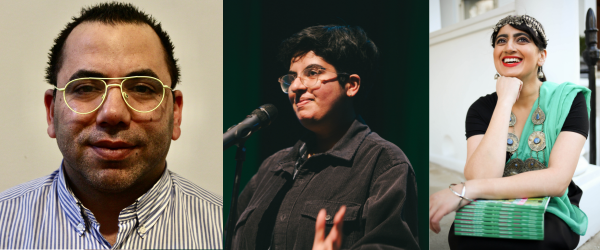 Three pictures in landscape, the first is a man with glasses, then a woman in black talking into a microphone and last is a woman sat, smiling in a green sari