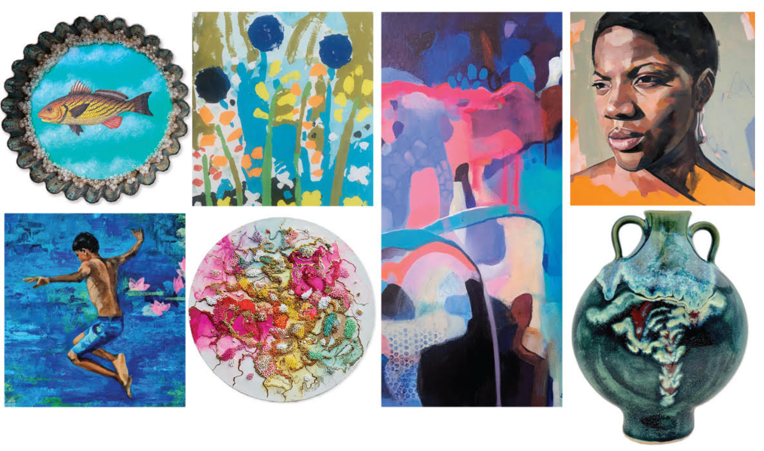 Eight pieces of art in two rows of four on a white background